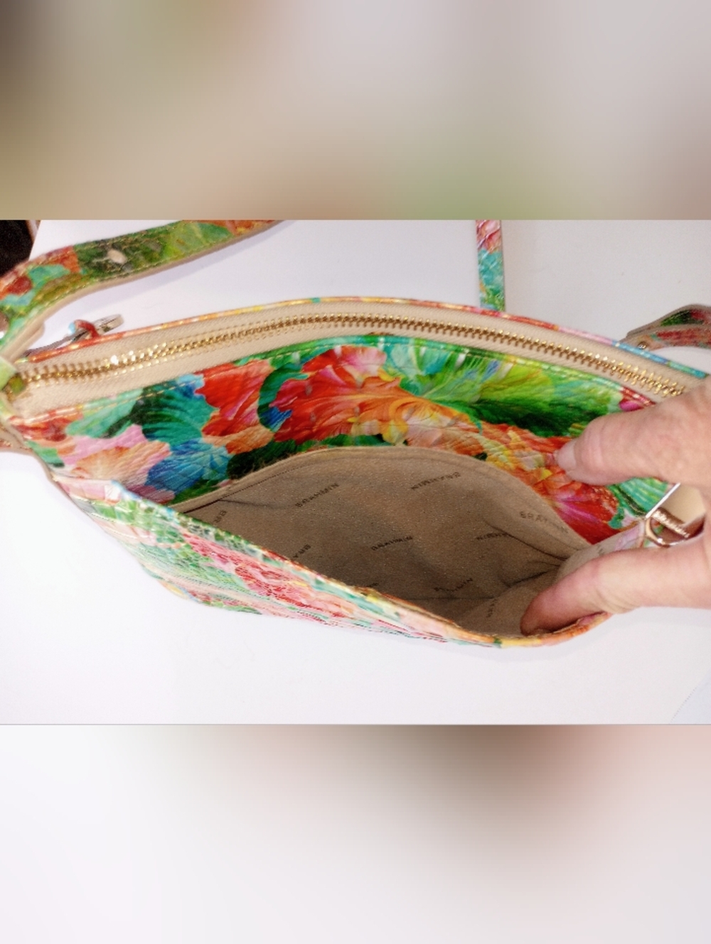 Brahmin Katie Taffy Melbourne Croc Embossed Leather Floral Crossbody Purse - Picture 3 of 13